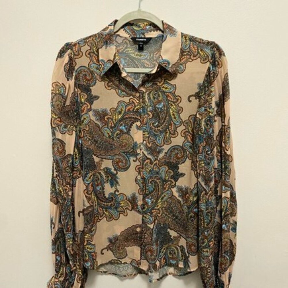 Express Paisley Blouse Small NWOT | Pleated Balloon Sleeve Boho Work Top